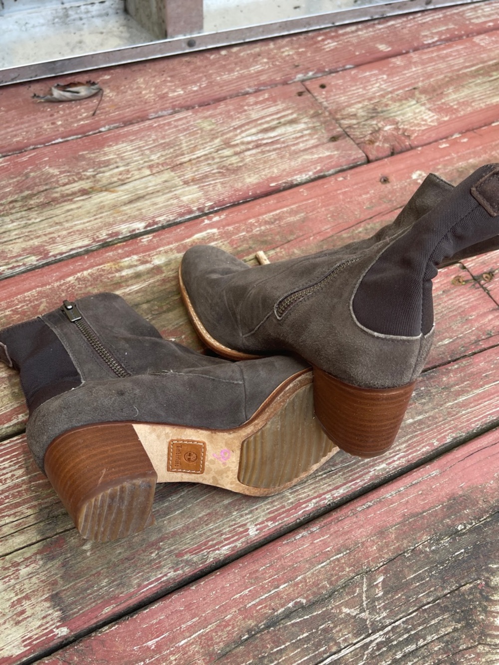Timberland Gray Suede Ankle Booties with Stacked Heel